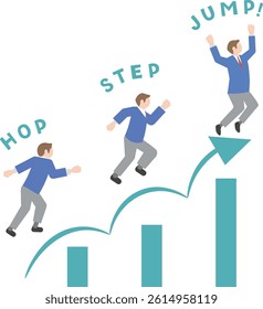 A pictogram-style illustration set of male students with images of stepping up, leveling up, skill improvement, jumping up, and growth
