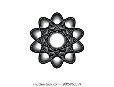 Pictograph of atom. Black line logo template in Celtic knot style on white background. Tribal symbol in circular mandala form. Tattoo sign ornament element design. Vector icon isolated 