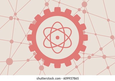 Pictograph of atom in the center of gear. Molecule And Communication Background. Brochure or report design template. Connected lines with dots.