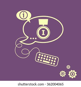 Pictograph of award and keyboard design elements. Line icons for application development, web page coding and programming, creative process