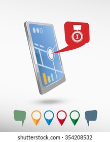 Pictograph of award and perspective smartphone vector realistic. Set of bright map pointers for printing, website, presentation element and application mockup.
