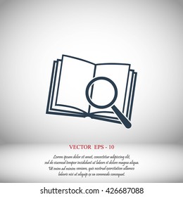 Pictograph of book and magnifier glass icon