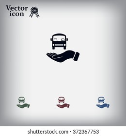 Pictograph of bus in hand. Vector icon 10 EPS