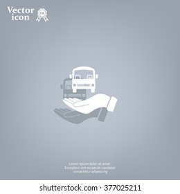 Pictograph of bus in hand. Vector icon 10 EPS