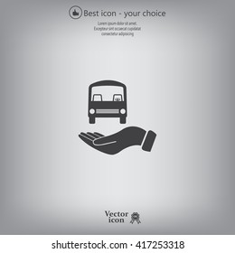 Pictograph of bus in hand. Vector icon 10 EPS