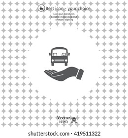 Pictograph of bus in hand. Vector icon 10 EPS
