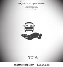 Pictograph of bus in hand. Vector icon 10 EPS