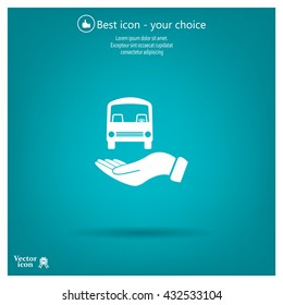 Pictograph of bus in hand. Vector icon 10 EPS