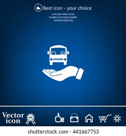 Pictograph of bus in hand. Vector icon 10 EPS