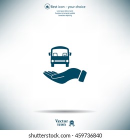 Pictograph of bus in hand. Vector icon 10 EPS
