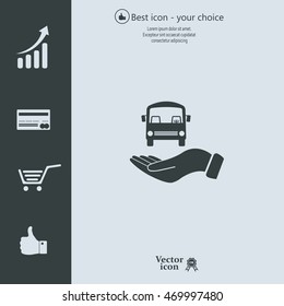 Pictograph of bus in hand. Vector icon 10 EPS