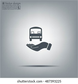 Pictograph of bus in hand. Vector icon 10 EPS