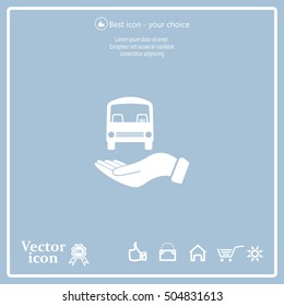 Pictograph of bus in hand. Vector icon 10 EPS