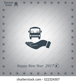 Pictograph of bus in hand. Vector icon 10 EPS