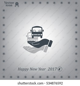Pictograph of bus in hand. Vector icon 10 EPS