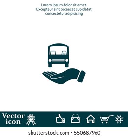 Pictograph of bus in hand. Vector icon 10 EPS