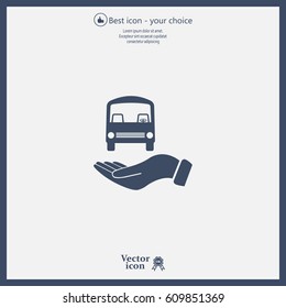 Pictograph of bus in hand. Vector icon 10 EPS