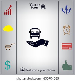 Pictograph of bus in hand. Vector icon 10 EPS