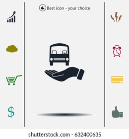 Pictograph of bus in hand. Vector icon 10 EPS