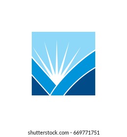 Pictograph of check, open book, mountain,  and sun ray for template logo, icon, and identity vector designs