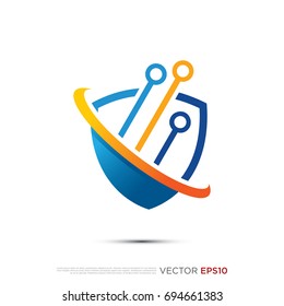 Pictograph of  circuit panel technology combine with shield for template logo, icon, and identity vector designs