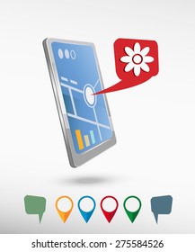 Pictograph of flower and perspective smartphone vector realistic. Set of bright map pointers for printing, website, presentation element and application mockup.