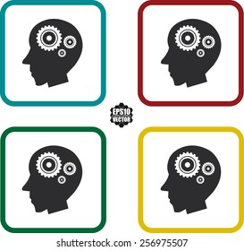 Pictograph Of Gear In Head Symbol And Icons Set On White Background And Colorful Border. Vector illustration.