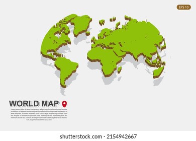 Pictograph Of Globe Map - World Map International Vector Template With Isometric Style Including Shadow, Green And Brown Color Isolated On White Background For Design - Vector Illustration Eps 10