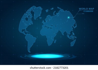 Pictograph of globe Map - World Map International vector template with Hologram in perspective style and HUD, GUI, UI interface isolated on blue background for design - Vector illustration eps 10
