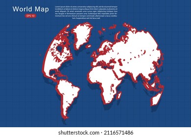 Pictograph of globe Map - World map vector template with isometric style with white and red color including shadow on Blue grid background for website, design, infographic - Vector illustration eps 10