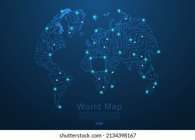 Bild der Globalkarte - Weltkarte, Vektorvorlage mit Abstract futuristischen Schalttafel Illustration. Hightech-Technologie-Mash-Linie und Punktwaage auf dunklem Hintergrund - Vektorgrafik ep 10