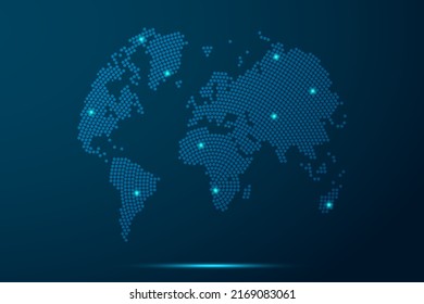 Pictograma del globo Mapa - Mapa mundial plantilla vectorial con puntos, rejilla, grunge, estilo y luz de semitono, línea de red, esfera de diseño sobre fondo de tecnología azul - Ilustración vectorial eps 10