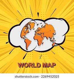Pictograma del globo Mapa- Mapa mundial de plantilla vectorial con estilo de arte isométrico y cómico incluyendo sombra, color negro y naranja sobre fondo amarillo para el diseño, infografía - Ilustración vectorial eps 10