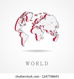 Pictograph of globe, world map vector or earth icon. Flat simple with red shadow and outline graphic sketch style isolated on white background - Vector illustration eps 10
