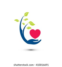 Pictograph of heart as love symbol on hand palm with leaf, rrowing and care for template logo, icon, and identity vector designs.