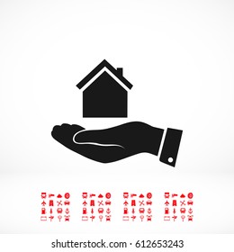 Pictograph of home in hand, vector best flat icon, EPS