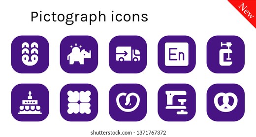 pictograph icon set. 10 filled pictograph icons.  Collection Of - Pretzel, Money box, Lorry, Encore, Clamp, Birthday cake, Reduce