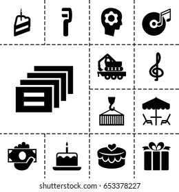 Pictograph icon. set of 13 filled pictographicons such as cake with one candle, clamp, cargo crane, cargo on hook, present, heart lock, piece of cake, disc and music note