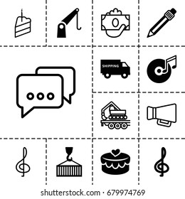 Pictograph icon. set of 13 filled and outline pictograph icons such as cargo on hook, cargo crane, heart lock, pen, disc and music note, shipping truck, megaphone