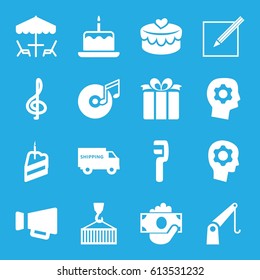 Pictograph icons set. set of 16 pictograph filled icons such as cake with one candle, clamp, cargo on hook, cargo crane, present, heart lock, megaphone, paper and pen
