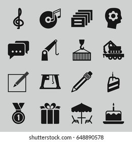 Pictograph icons set. set of 16 pictograph filled icons such as cake with one candle, cargo crane, cargo on hook, present, pen, paper and pen, piece of cake