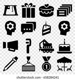 Pictograph icons set. set of 16 pictograph filled icons such as cake with one candle, clamp, cargo crane, cargo on hook, present, heart lock, megaphone, pencil, piece of cake