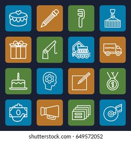 Pictograph icons set. set of 16 pictograph outline icons such as cake with one candle, clamp, cargo crane, cargo on hook, present, heart lock, megaphone, paper and pen, pencil