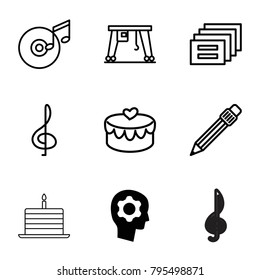 Pictograph icons. set of 9 editable outline pictograph icons such as gear in head, treble clef, cargo crane, heart lock, message, pen, disc and music note