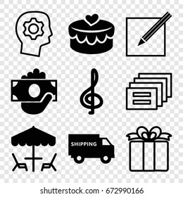 Pictograph icons set. set of 9 pictograph filled and outline icons such as heart lock, paper and pen, table under umbrella, shipping truck, present, treble clef, gear in head