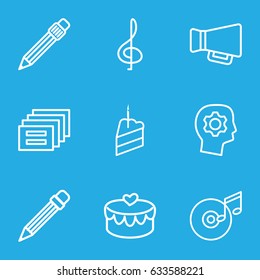 Pictograph icons set. set of 9 pictograph outline icons such as heart lock, megaphone, pen, pencil, piece of cake, disc and music note, treble clef, gear in head