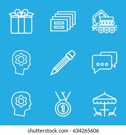 Pictograph icons set. set of 9 pictograph outline icons such as cargo crane, present, pencil, gear in head, table under umbrella, medal
