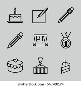 Pictograph icons set. set of 9 pictograph outline icons such as cake with one candle, cargo on hook, cargo crane, heart lock, pen, paper and pen, pencil, piece of cake