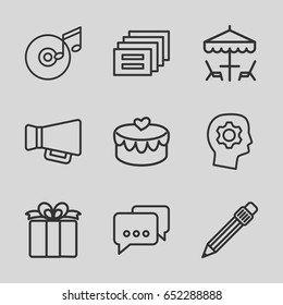 Pictograph icons set. set of 9 pictograph outline icons such as present, heart lock, megaphone, pen, disc and music note, table under umbrella, gear in head