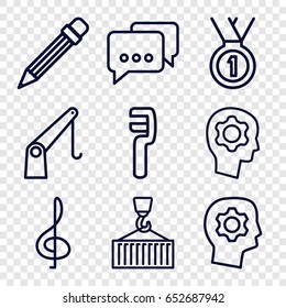 Pictograph icons set. set of 9 pictograph outline icons such as clamp, cargo on hook, cargo crane, pencil, gear in head, medal, treble clef